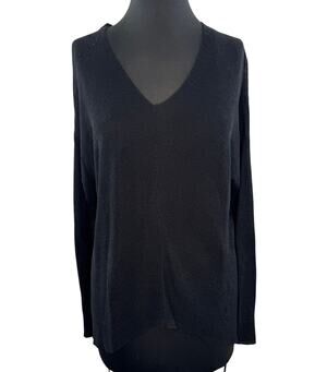 EILEEN FISHER Black Top Organic Linen Thin Knit High Low V-Neck Size M Medium